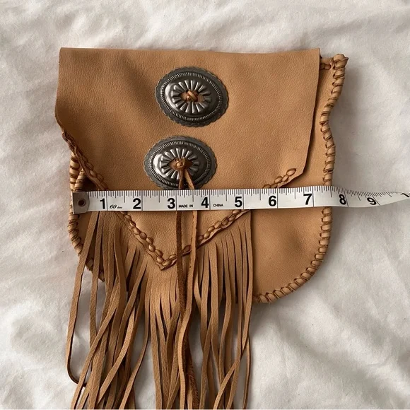 Artisan Made Western Leather Fringe Belt Bag with Metal Conchos Brown Tan - Picture 5 of 6